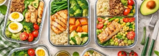 Táperes organizados con pollo, verduras y cereales